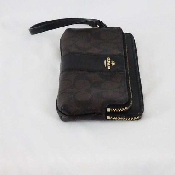 Coach Signature Double Zip Wristlet / Wallet PVC Leather F52848 Brown Black - Picture 6 of 11